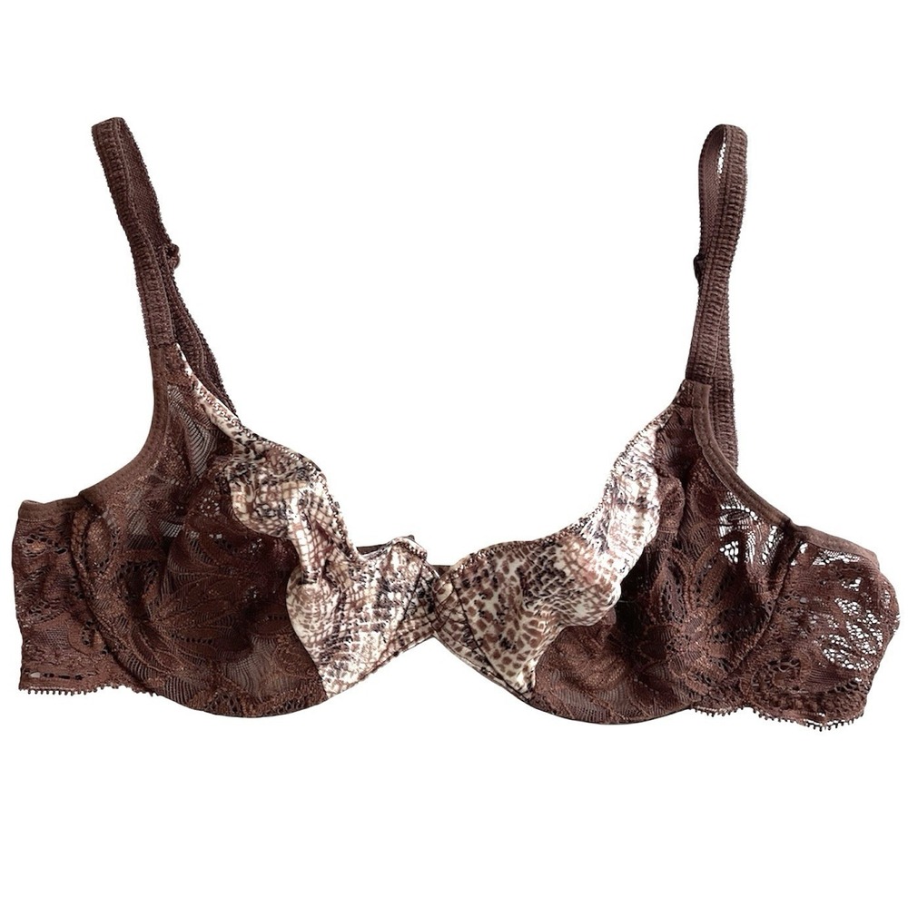 RARE Vintage Valentino Intimo Chocolate Brown Snake Print Underwire Lace Bra 34B